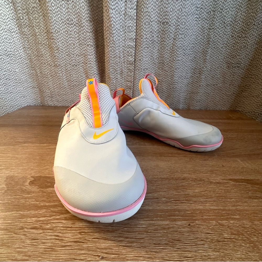 Nike Go FlyEase Slip-On Sneakers - Light Gray w/ Yellow Orange, and Pink